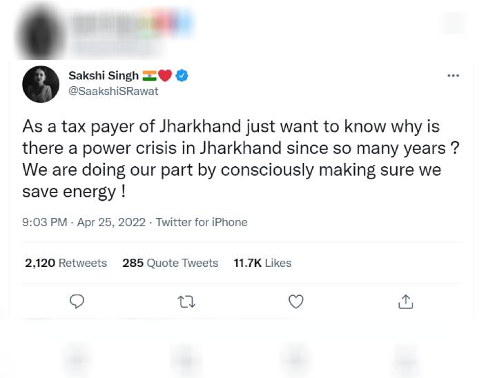 sakshi dhoni tweet on jharkhand electricity crisis